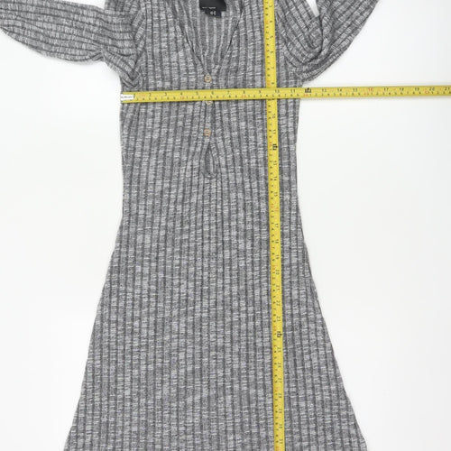 ASOS Design Women Grey Rib Knit Button Skater Dress UK 8