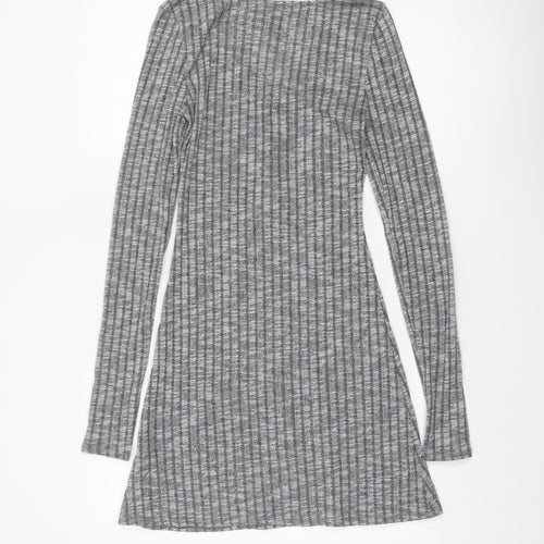 ASOS Design Women Grey Rib Knit Button Skater Dress UK 8