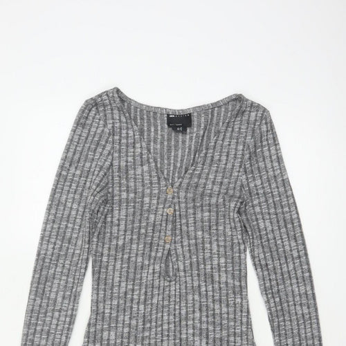 ASOS Design Women Grey Rib Knit Button Skater Dress UK 8