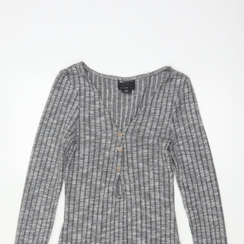 ASOS Design Women Grey Rib Knit Button Skater Dress UK 8
