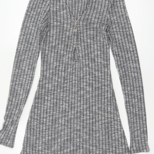 ASOS Design Women Grey Rib Knit Button Skater Dress UK 8