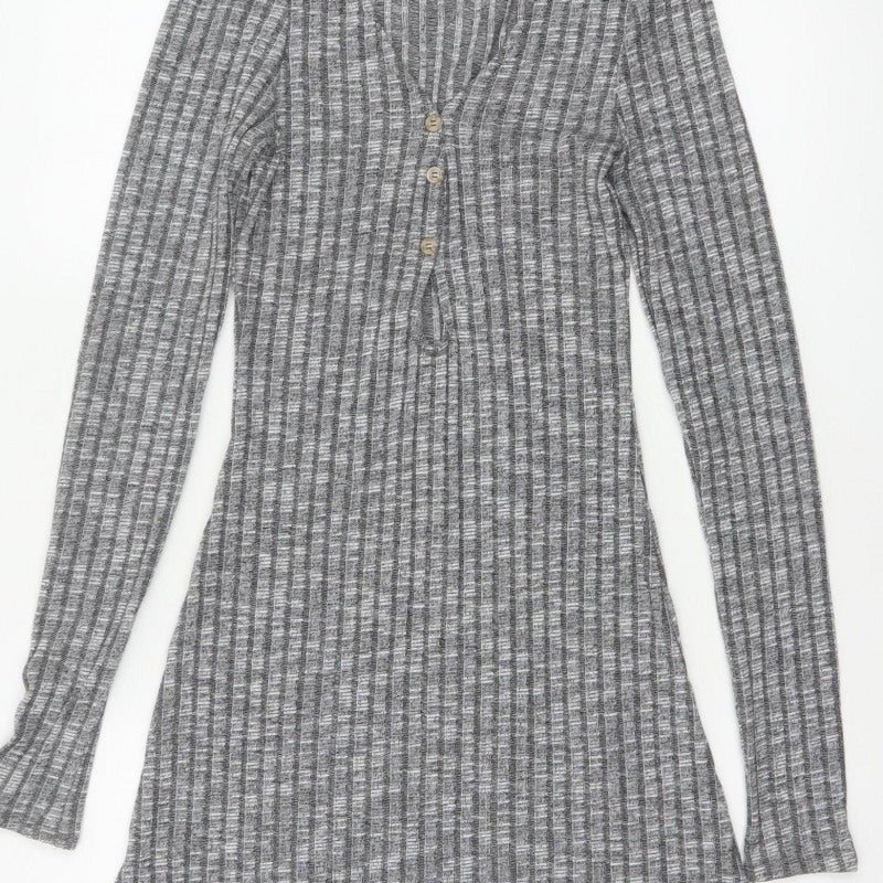 ASOS Design Women Grey Rib Knit Button Skater Dress UK 8