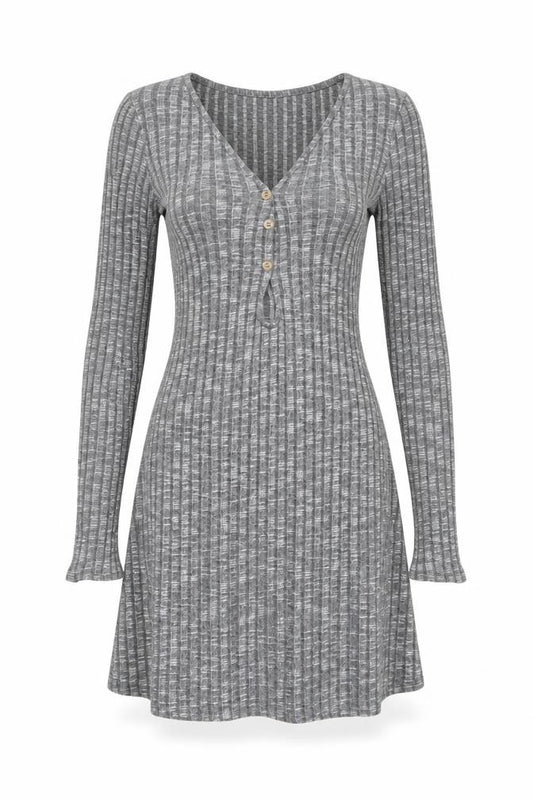 Front view of ASOS Design Women Grey Rib Knit Button Skater Dress UK 8