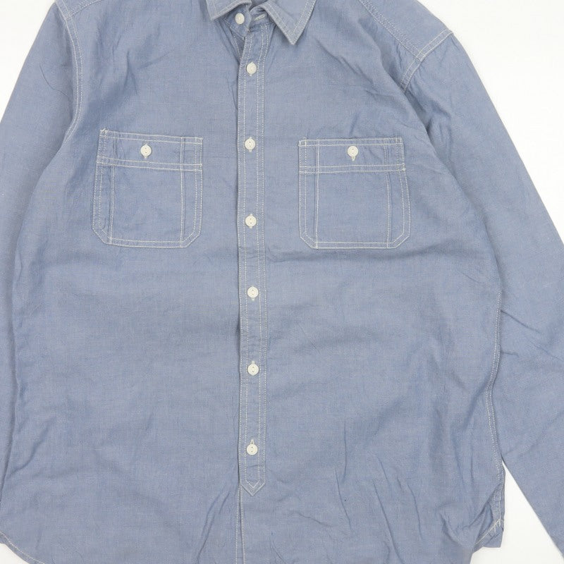 Marks & Spencer Men Blue L Chambray Cotton Button-Up Workwear Shirt