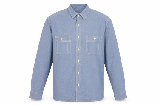 Front view of Marks & Spencer Men Blue L Chambray Cotton Button-Up Workwear Shirt