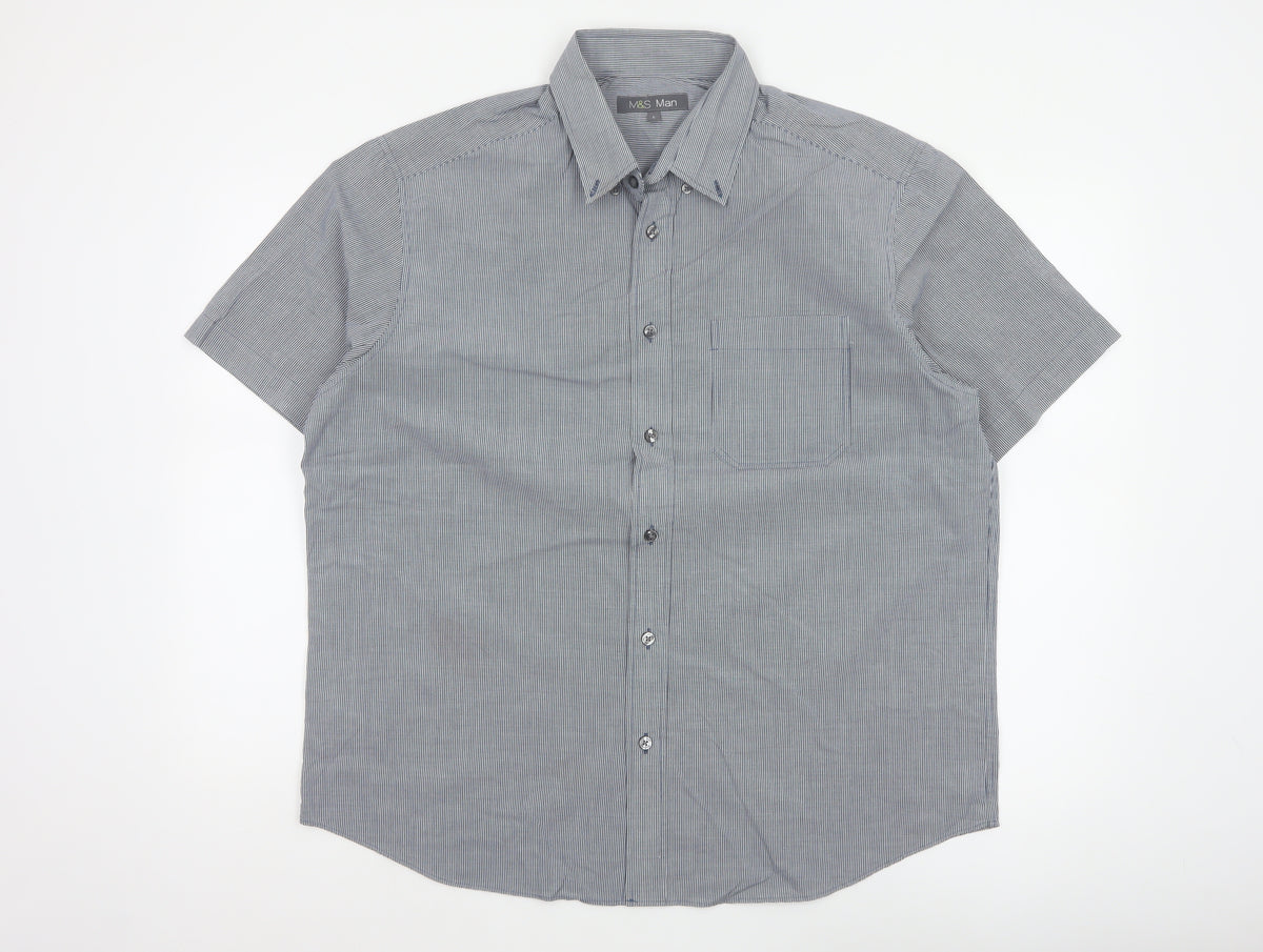 Marks and Spencer Men Blue Check L Short Sleeve Button-Up Shirt