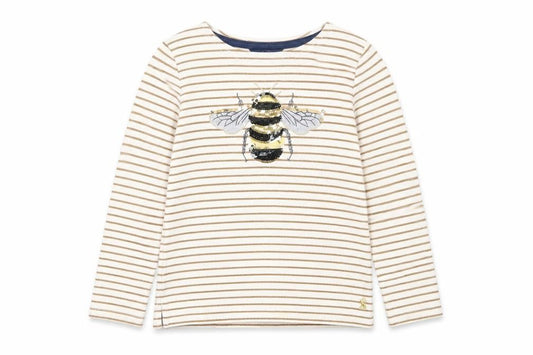 Joules Girls Ivory Gold Striped Bee Sequin Long Sleeve T-Shirt 9 Years