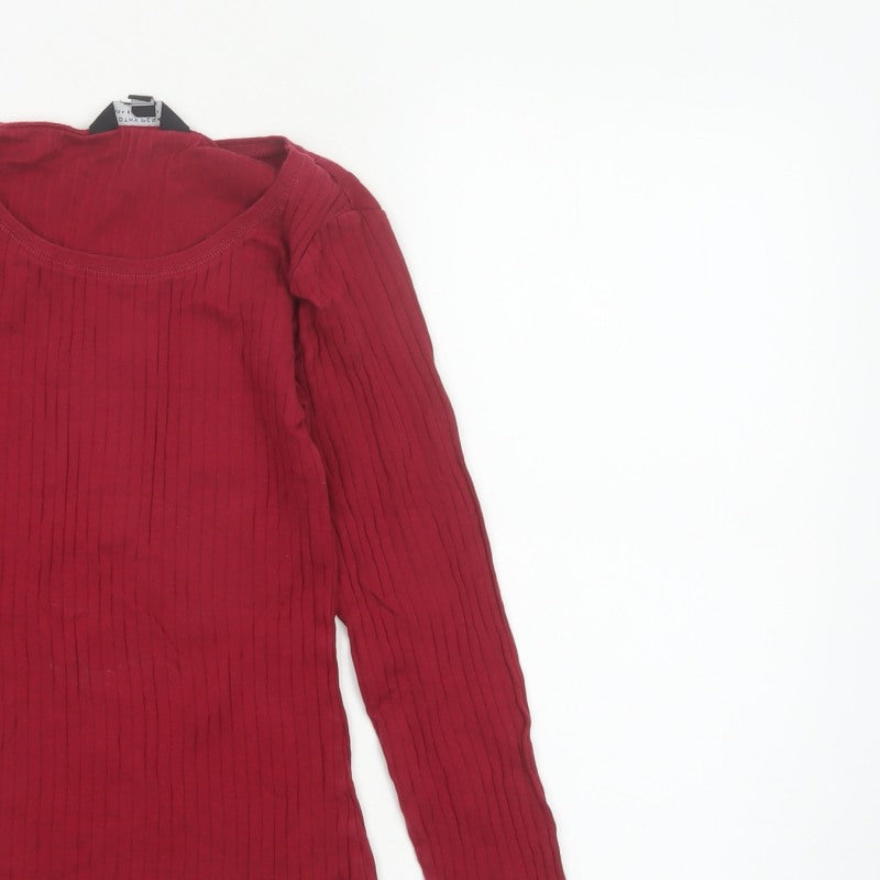 Dorothy Perkins Women Red UK 8 Ribbed Cotton Scoop Neck Long Sleeve Top