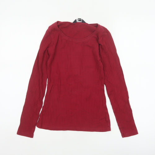 Dorothy Perkins Women Red UK 8 Ribbed Cotton Scoop Neck Long Sleeve Top