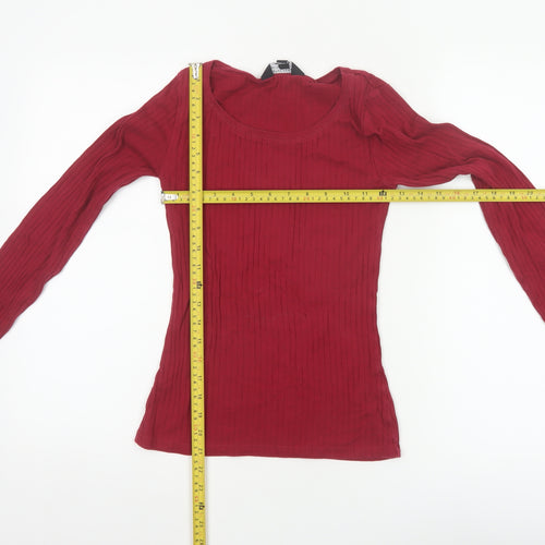 Dorothy Perkins Women Red UK 8 Ribbed Cotton Scoop Neck Long Sleeve Top