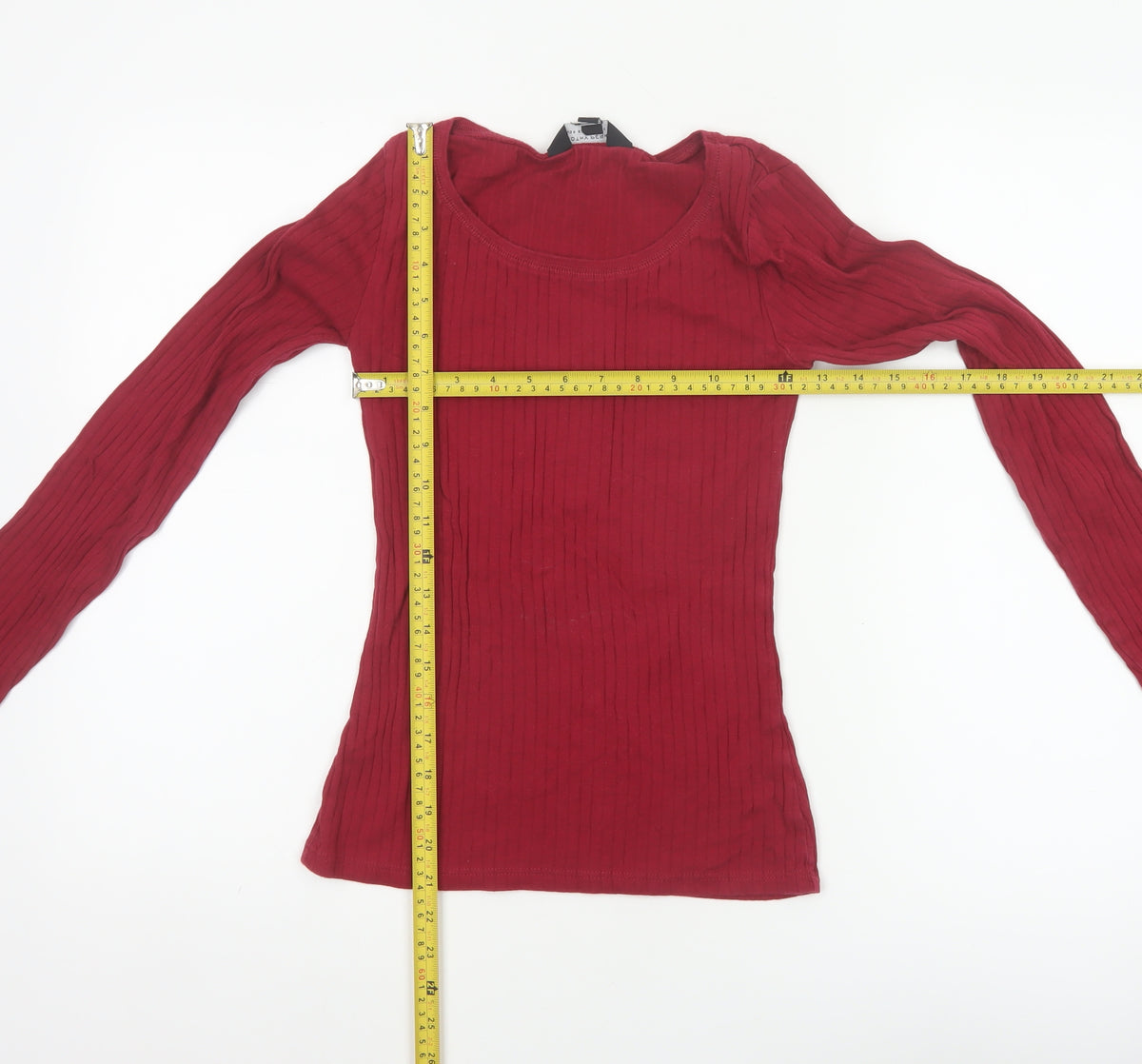 Dorothy Perkins Women Red UK 8 Ribbed Cotton Scoop Neck Long Sleeve Top