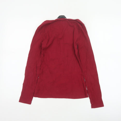 Dorothy Perkins Women Red UK 8 Ribbed Cotton Scoop Neck Long Sleeve Top