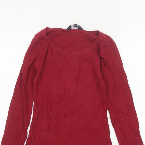 Dorothy Perkins Women Red UK 8 Ribbed Cotton Scoop Neck Long Sleeve Top