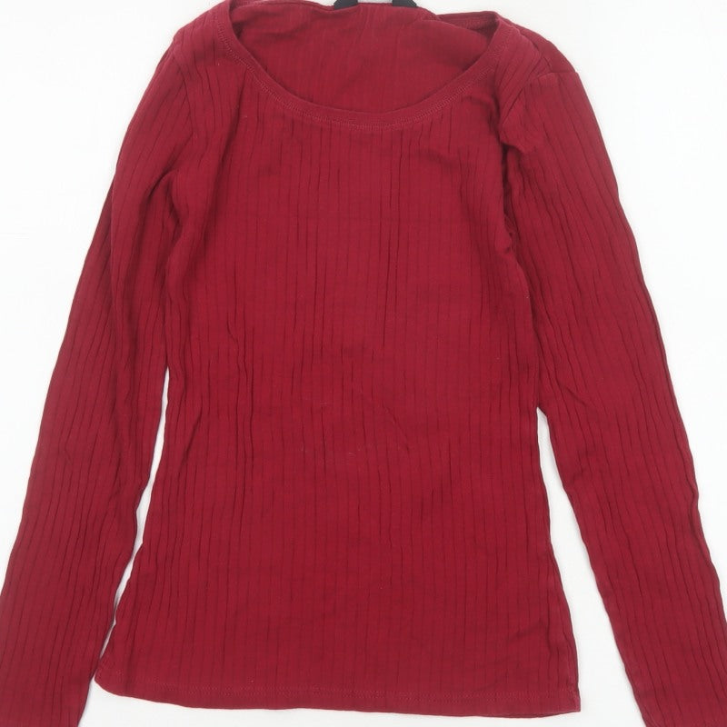 Dorothy Perkins Women Red UK 8 Ribbed Cotton Scoop Neck Long Sleeve Top