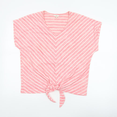 Cotton Traders Women Pink Stripe V-Neck Tie Front T-Shirt UK 14