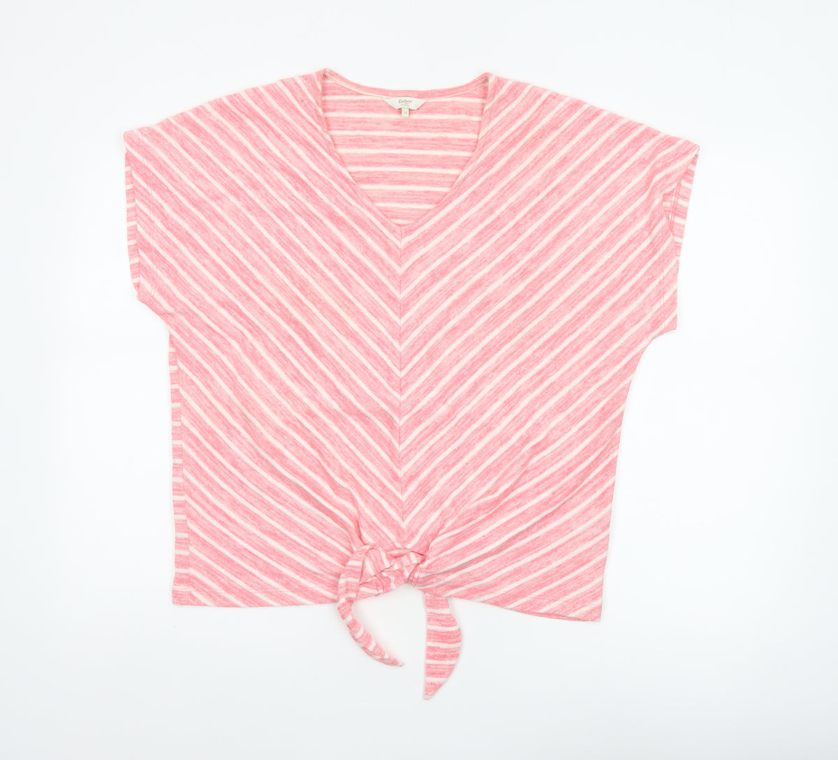 Cotton Traders Women Pink Stripe V-Neck Tie Front T-Shirt UK 14