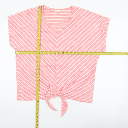 Cotton Traders Women Pink Stripe V-Neck Tie Front T-Shirt UK 14