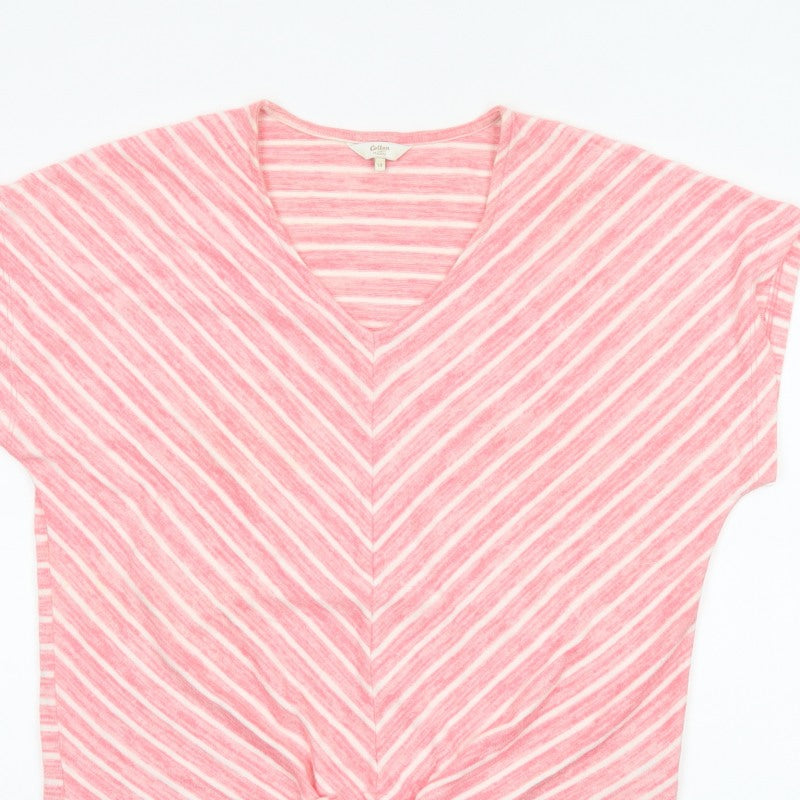 Cotton Traders Women Pink Stripe V-Neck Tie Front T-Shirt UK 14