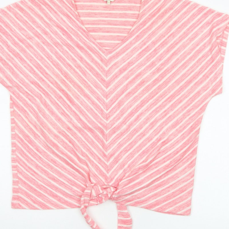 Cotton Traders Women Pink Stripe V-Neck Tie Front T-Shirt UK 14