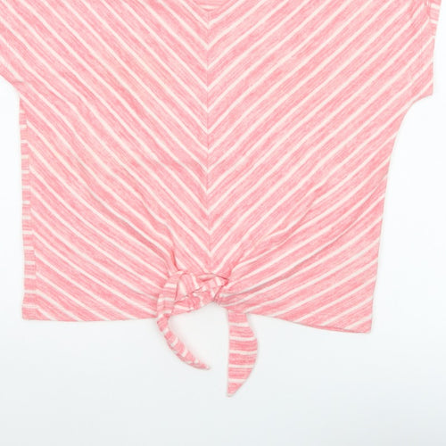Cotton Traders Women Pink Stripe V-Neck Tie Front T-Shirt UK 14