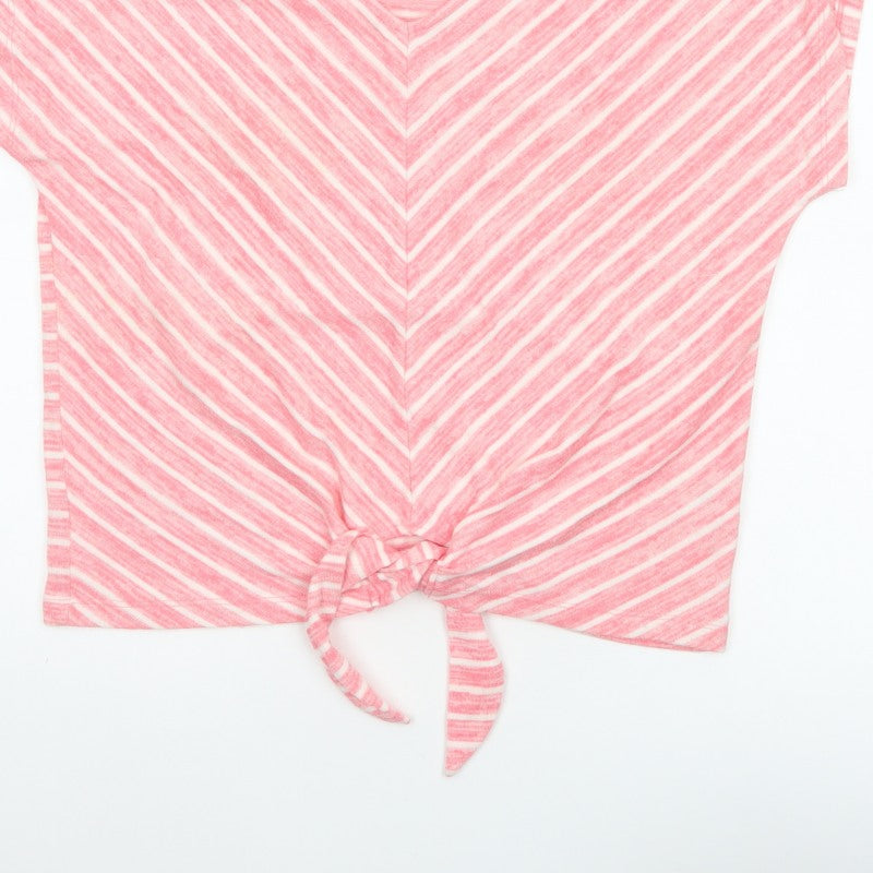 Cotton Traders Women Pink Stripe V-Neck Tie Front T-Shirt UK 14
