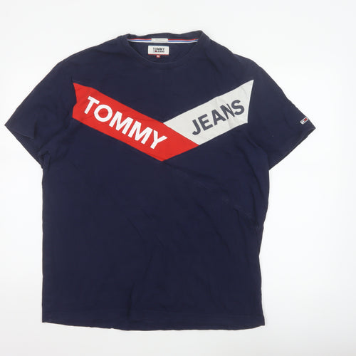 Tommy Jeans Men's Blue XL Colourblock Logo Graphic Cotton T-Shirt
