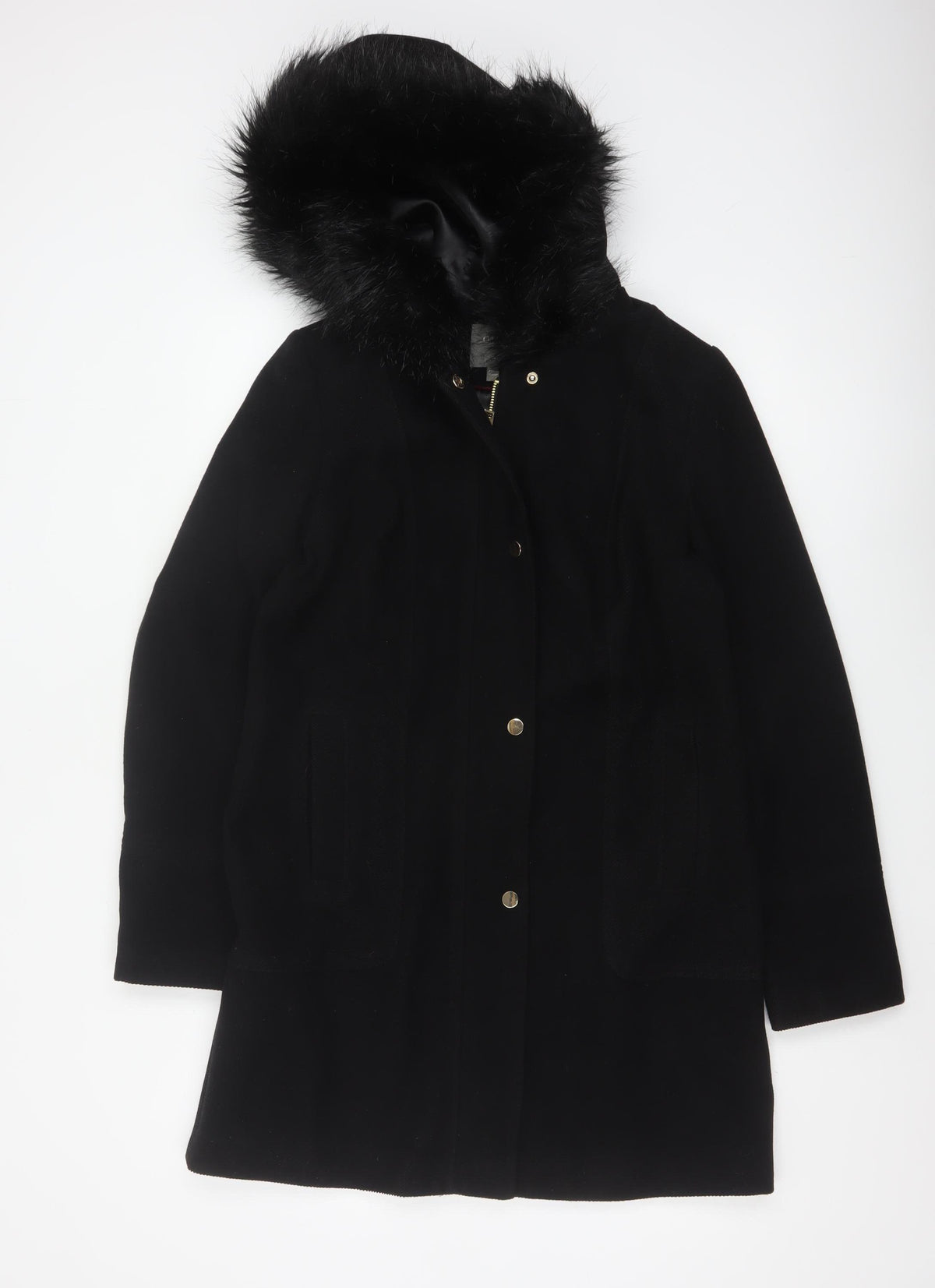 Oasis Women’s Black M Long Hooded Faux Fur Trim Parka Coat