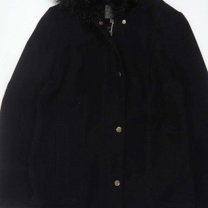 Oasis Women’s Black M Long Hooded Faux Fur Trim Parka Coat