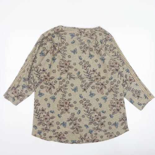 Isle Women Beige Floral 3/4 Sleeve Jersey Blouse UK 14-16 M