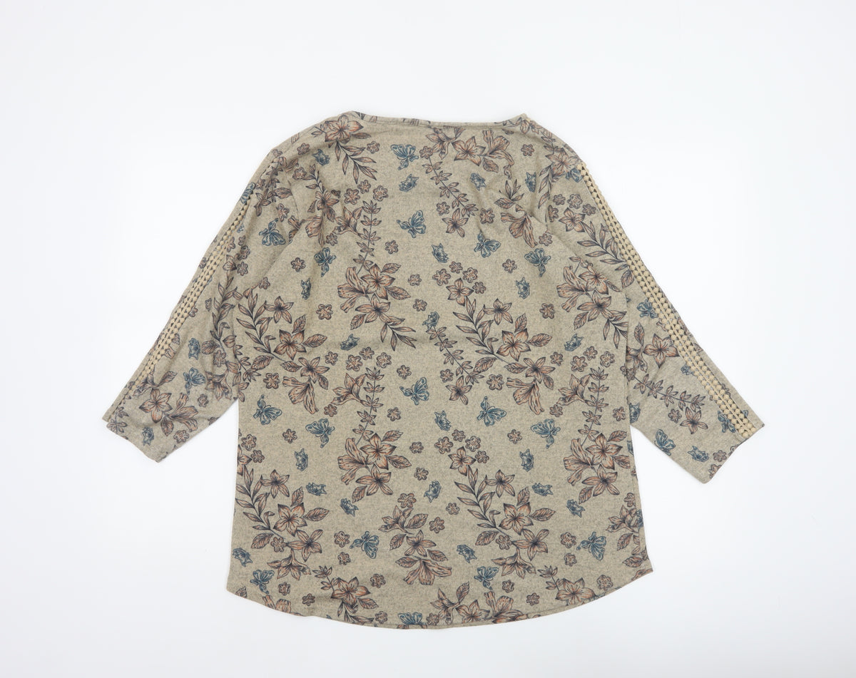 Isle Women Beige Floral 3/4 Sleeve Jersey Blouse UK 14-16 M