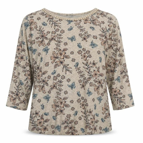 Isle Women Beige Floral 3/4 Sleeve Jersey Blouse UK 14-16 M