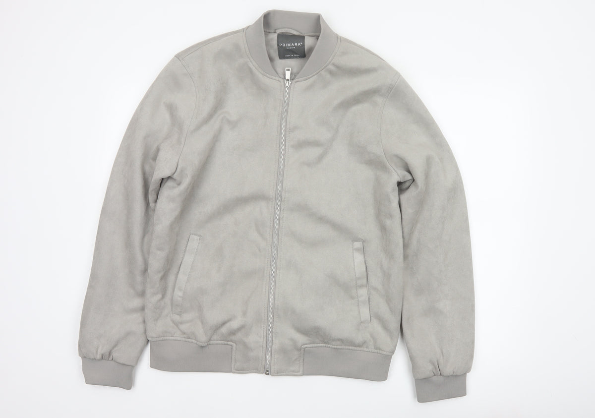 Primark Men Grey M Faux Suede Bomber Jacket Full Zip