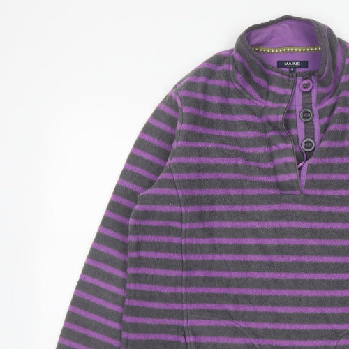 Maine New England Women’s Grey Purple Striped Fleece Henley Sweatshirt UK 16