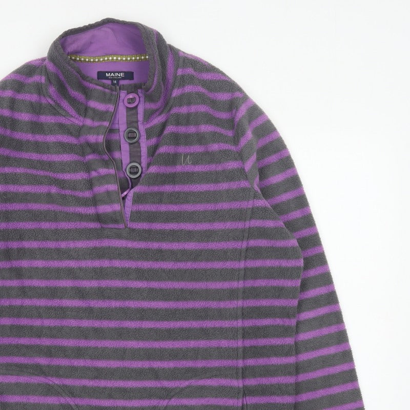 Maine New England Women’s Grey Purple Striped Fleece Henley Sweatshirt UK 16