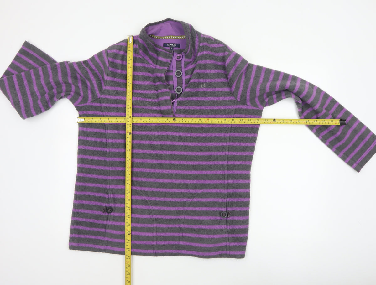 Maine New England Women’s Grey Purple Striped Fleece Henley Sweatshirt UK 16