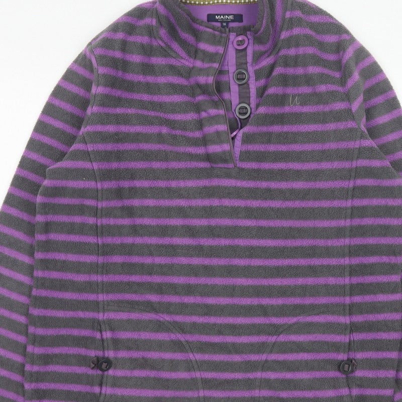 Maine New England Women’s Grey Purple Striped Fleece Henley Sweatshirt UK 16