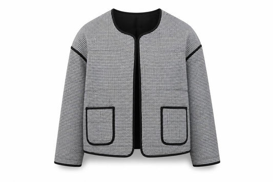 River Island Women’s Black Check Collarless Jacket Size L Lined