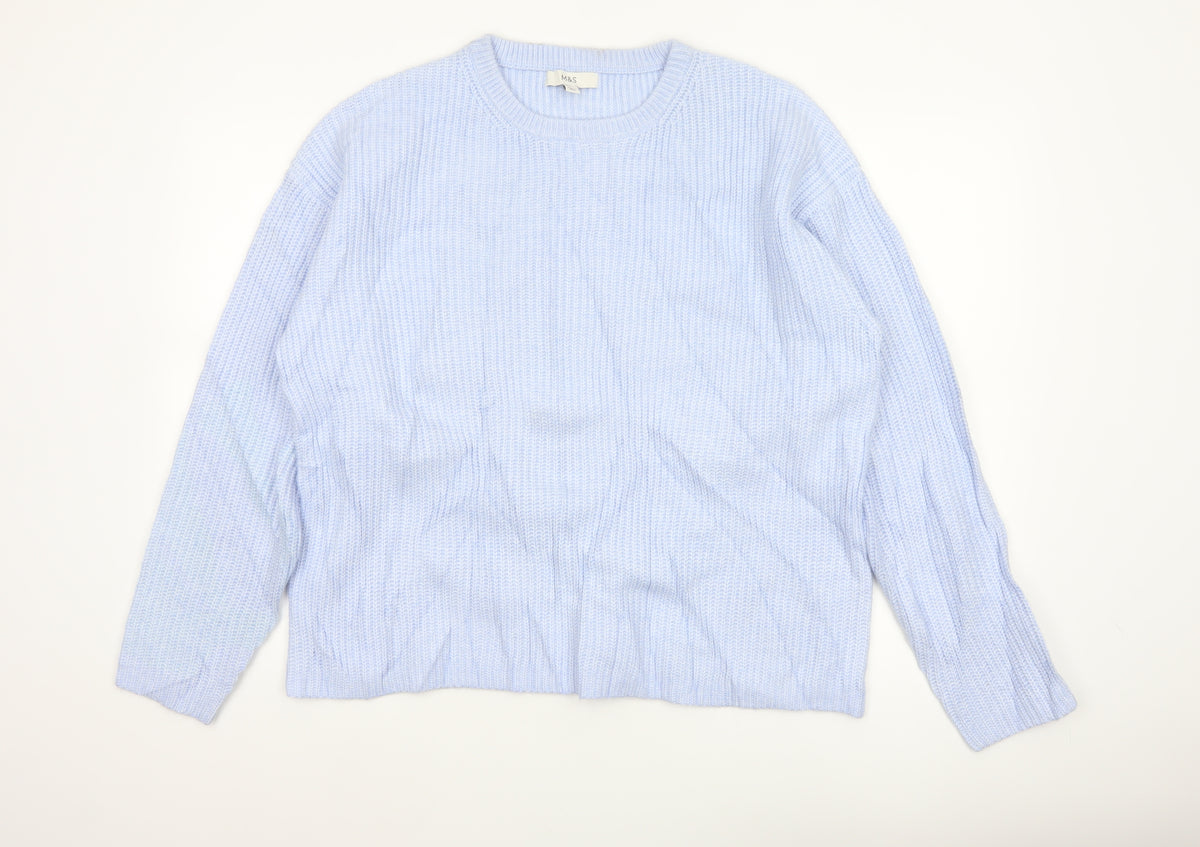 Marks and Spencer Women Blue L Rib Knit Crew Neck Pullover Jumper
