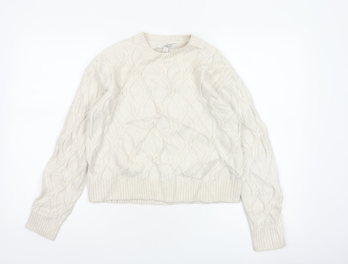 Marks and Spencer Women Ivory XS Cable-Knit Crew Neck Pullover Jumper