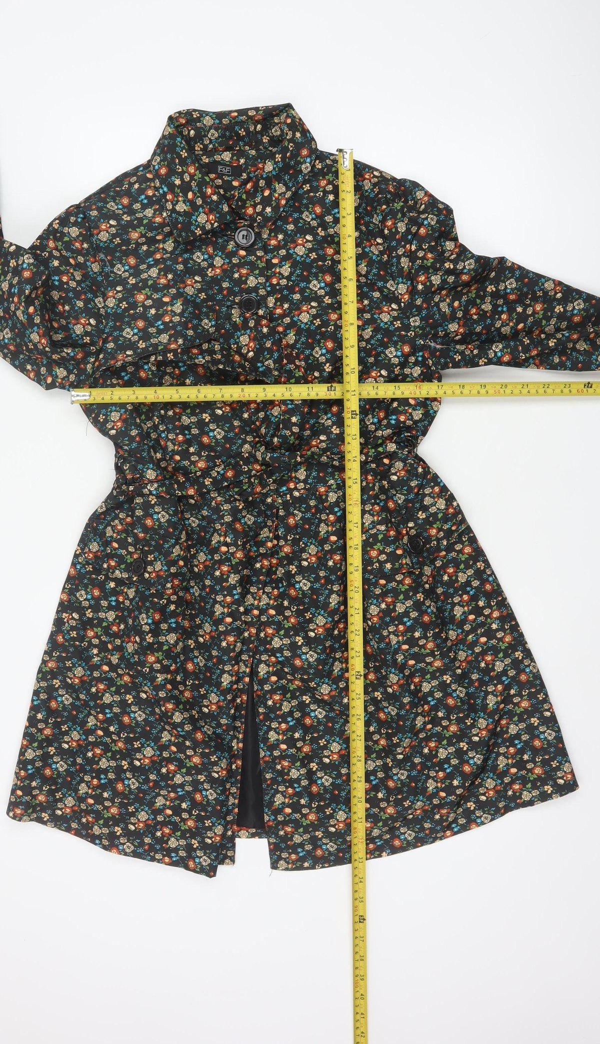 F&F Women’s Black Floral Belted Trench Coat Size 14