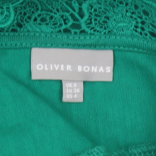 Oliver Bonas Women Green UK 8 Sheath Knee Dress Lace Belted