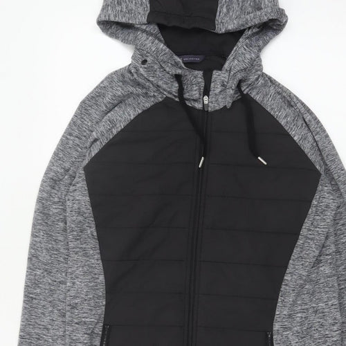 Marks and Spencer Women Grey Black UK 12 Full Zip Hooded Sweatshirt