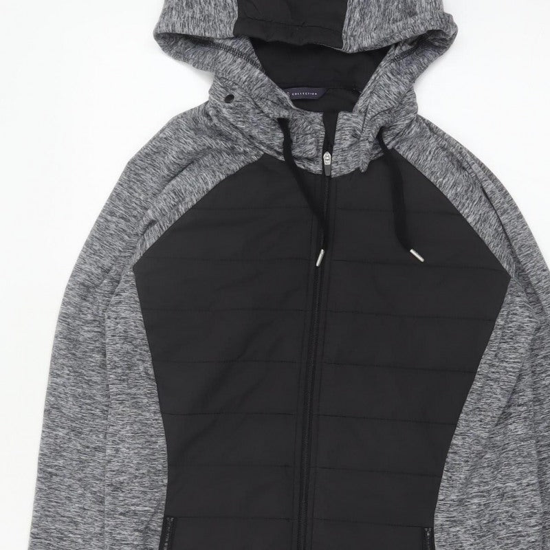 Marks and Spencer Women Grey Black UK 12 Full Zip Hooded Sweatshirt