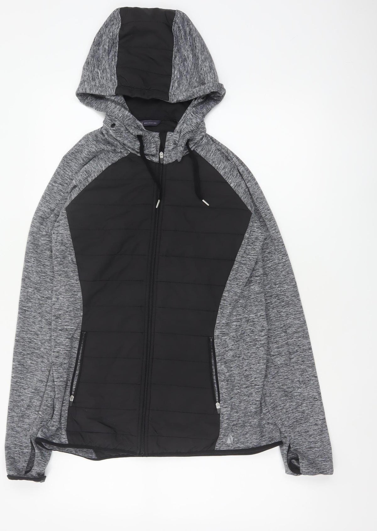 Marks and Spencer Women Grey Black UK 12 Full Zip Hooded Sweatshirt