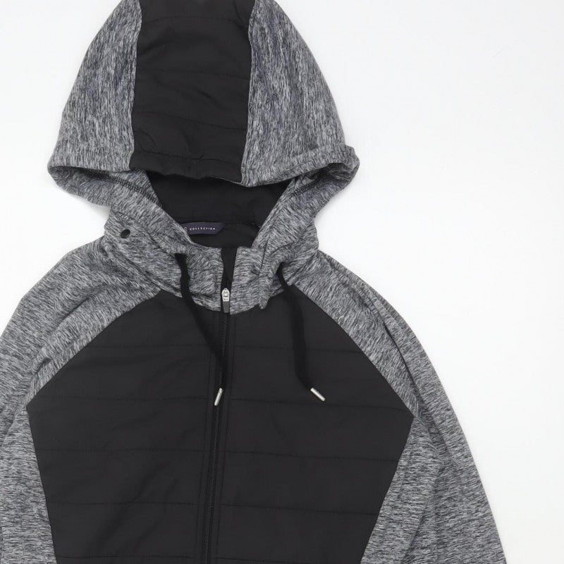Marks and Spencer Women Grey Black UK 12 Full Zip Hooded Sweatshirt
