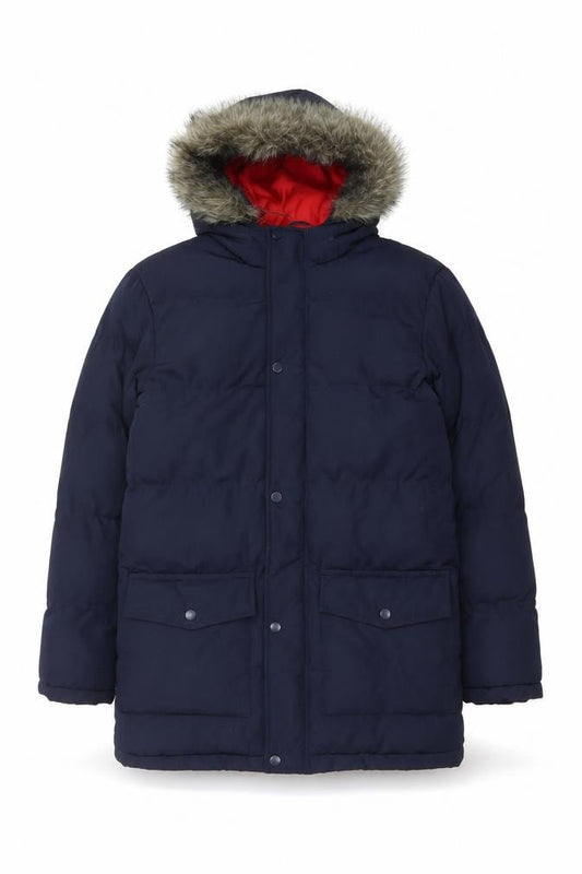 Front view of Kangaroo Poo boys’ blue 11-12 years parka padded hooded faux fur coat