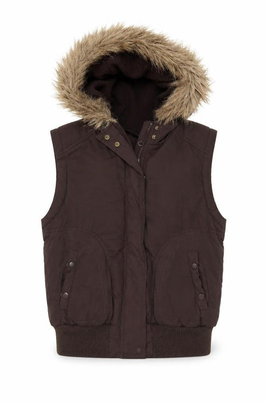 Dorothy Perkins Women Brown UK 12 Hooded Faux Fur Padded Waistcoat