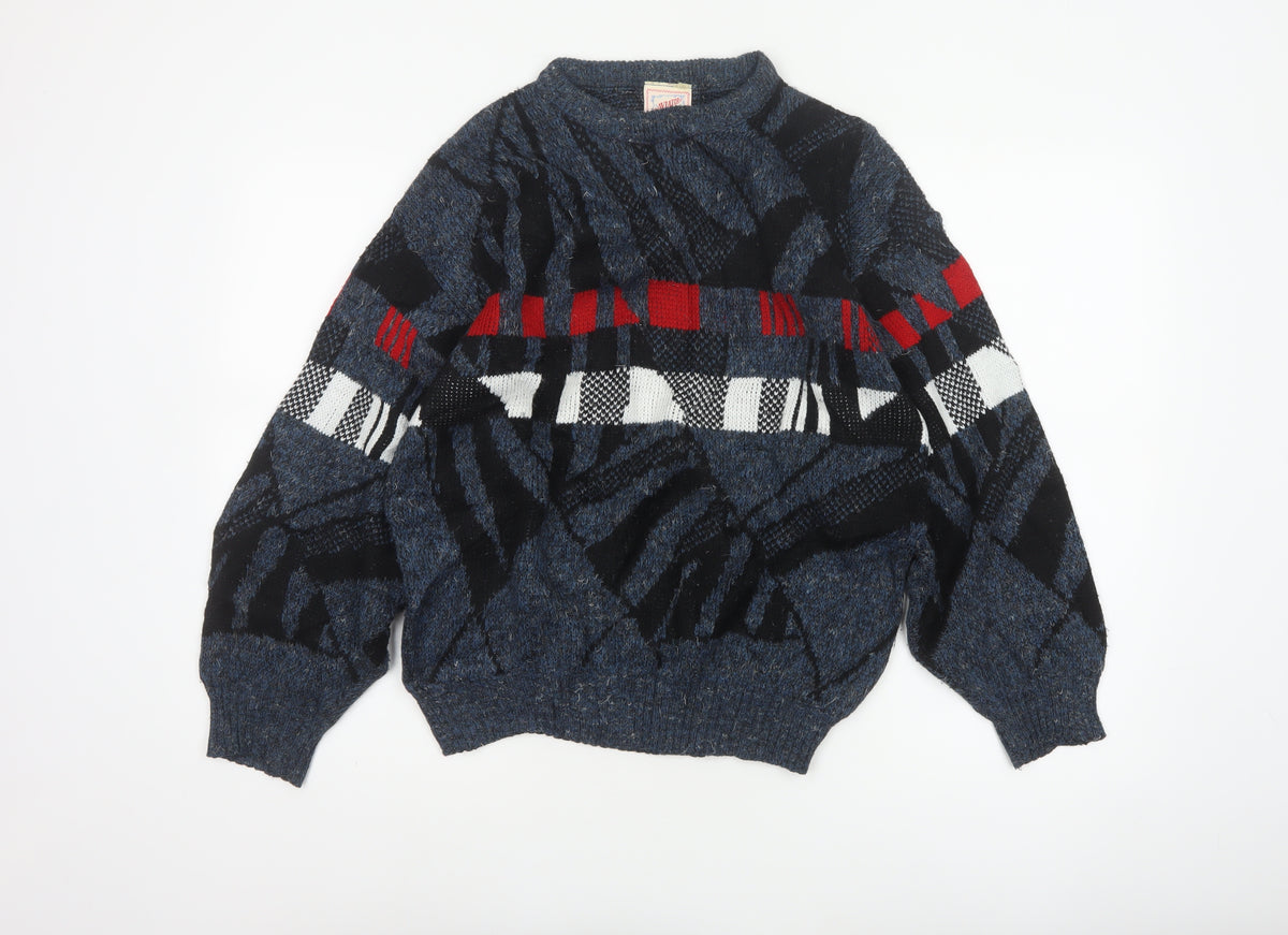 Back view of Aviator men’s blue m chunky knit geometric retro 90s jumper