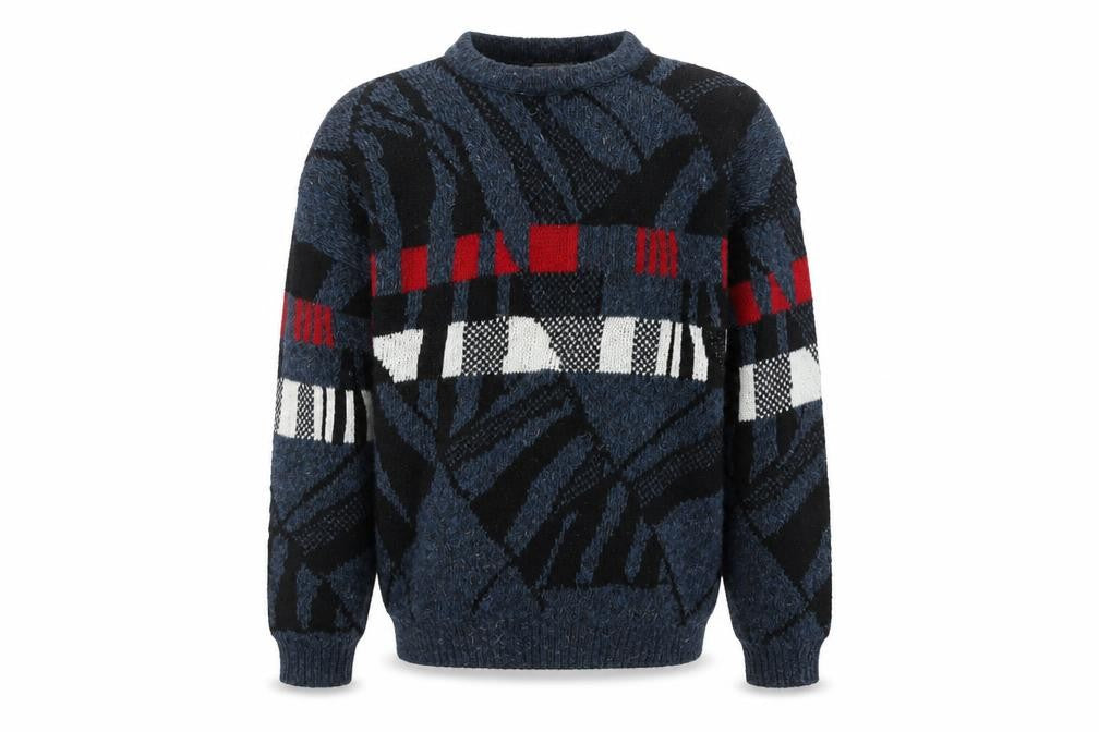 Front view of Aviator men’s blue m chunky knit geometric retro 90s jumper
