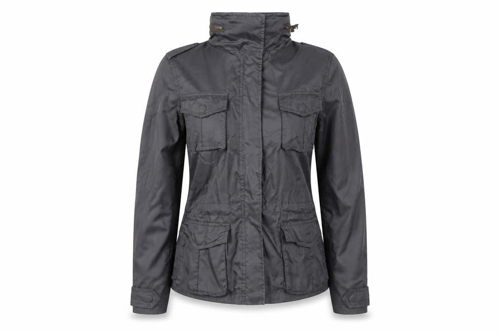 Front view of Wrangler Women’s Black M Military Jacket Collared Logo Pocket Zip